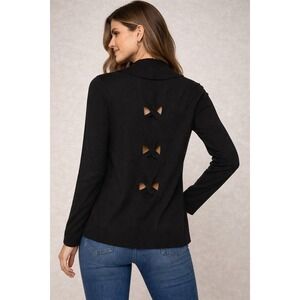 Michael Simon Black Wool Blend Lattice Cutout Back Open Front Cardigan Sweater M
